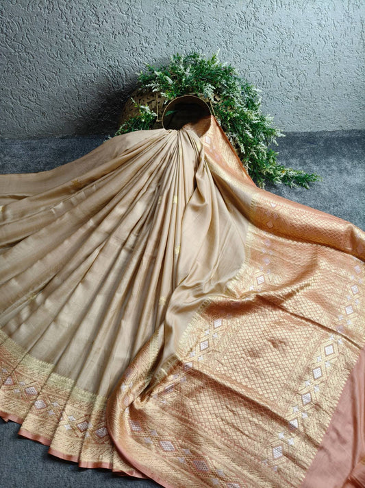 BEIGE GAJJI SILK  PURE HANDLOOM BANARASI SAREE