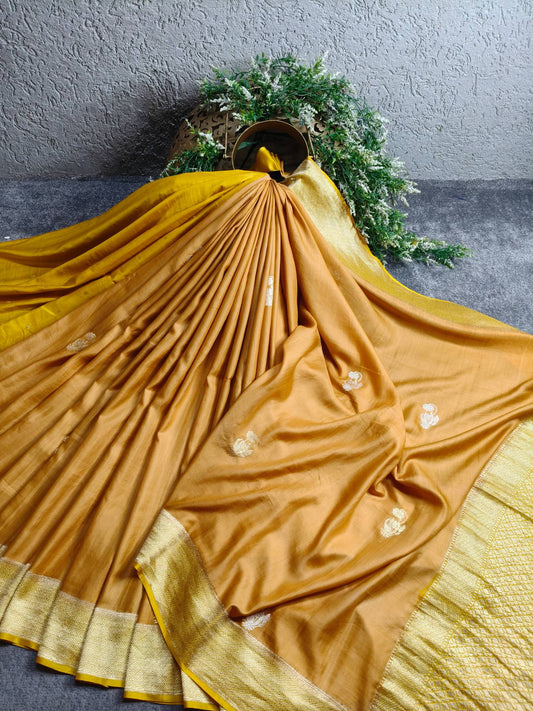 MUSTARD YELLOW GAJJI SILK  PURE HANDLOOM BANARASI SAREE