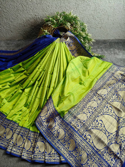 PARROT GREEN DUPION SILK PURE HANDLOOM BANARASI SAREE