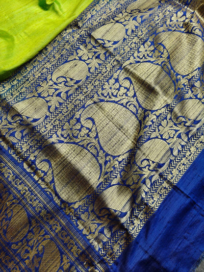 PARROT GREEN DUPION SILK PURE HANDLOOM BANARASI SAREE