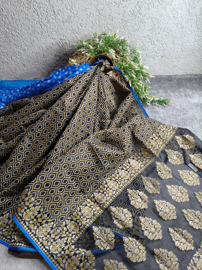 MIDNIGHT BLUE KORA COTTON PURE HANDLOOM BANARASI SAREE