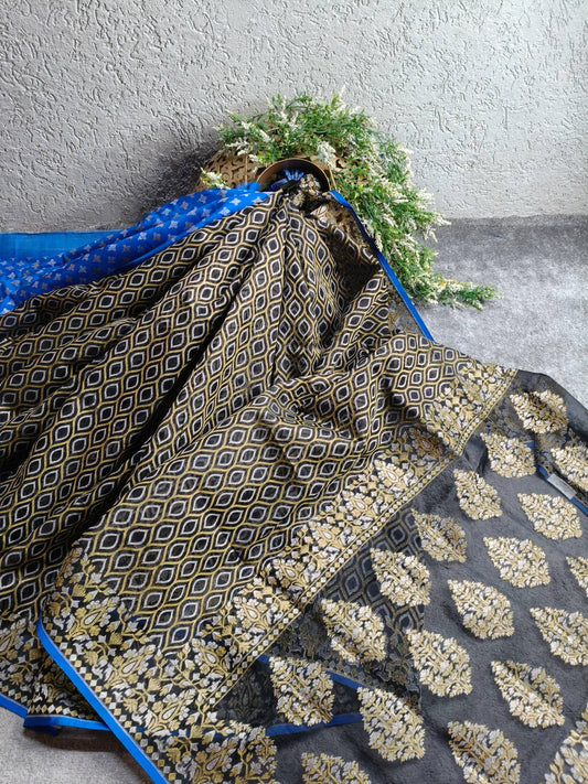MIDNIGHT BLUE KORA COTTON PURE HANDLOOM BANARASI SAREE