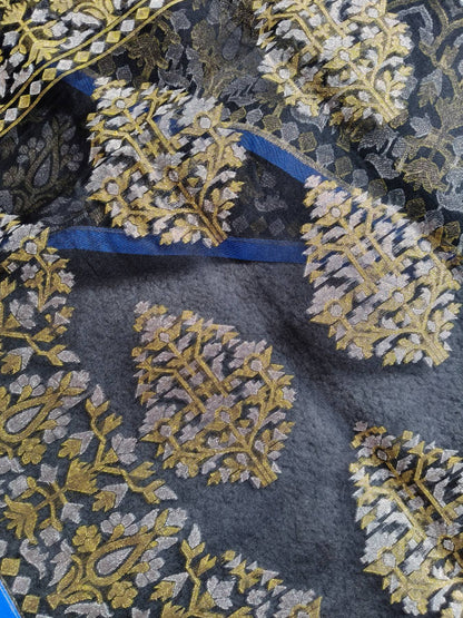 MIDNIGHT BLUE KORA COTTON PURE HANDLOOM BANARASI SAREE