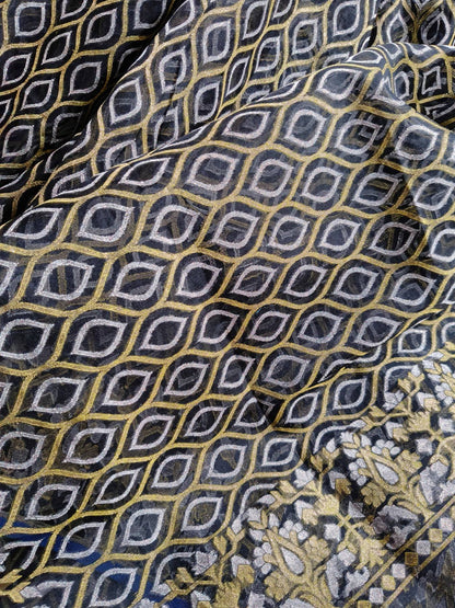 MIDNIGHT BLUE KORA COTTON PURE HANDLOOM BANARASI SAREE