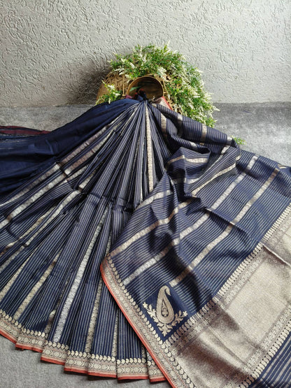 MIDNIGHT BLUE COTTON PURE HANDLOOM BANARASI SAREE