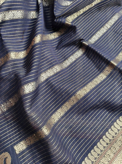 MIDNIGHT BLUE COTTON PURE HANDLOOM BANARASI SAREE