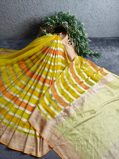 YELLOW  GEORGETTE  PURE HANDLOOM BANARASI SAREE