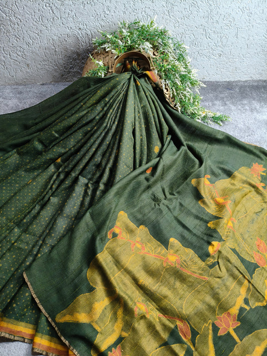 GREEN DUPION SILK PURE HANDLOOM HANDBLOCK PRINT SAREE