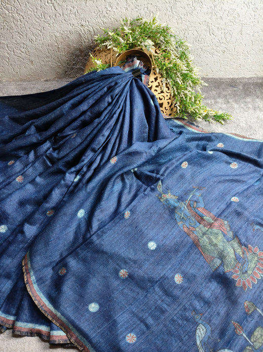 INDIGO BLUE DUPION SILK PURE HANDLOOM HAND BLOCK PRINT SAREE