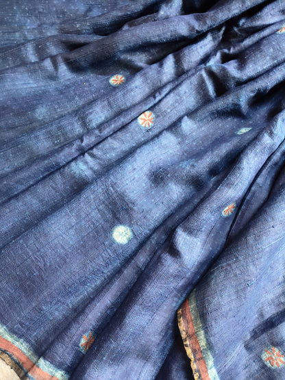 INDIGO BLUE DUPION SILK PURE HANDLOOM HAND BLOCK PRINT SAREE