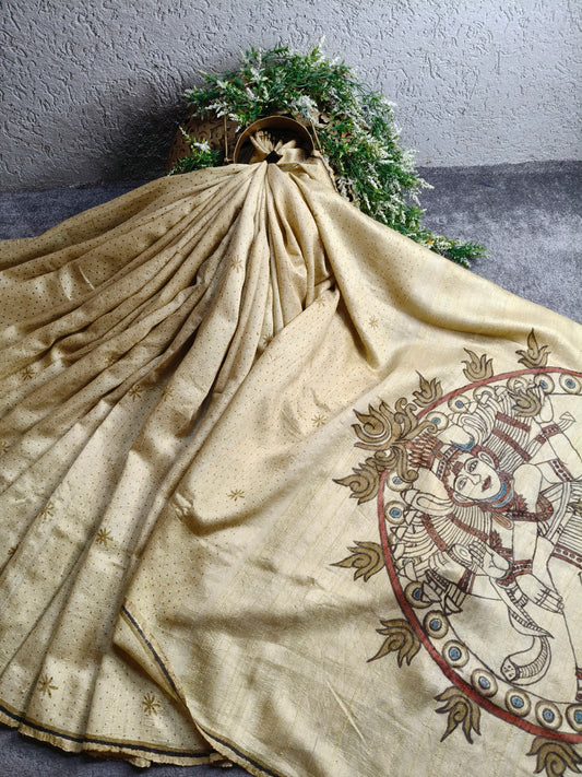 CREAM DUPION SILK PURE HANDLOOM HAND BLOCK PRINT SAREE