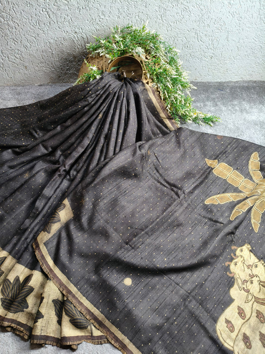 DARK BROWN DUPION SILK PURE HANDLOOM HANDBLOCK PRINT SAREE