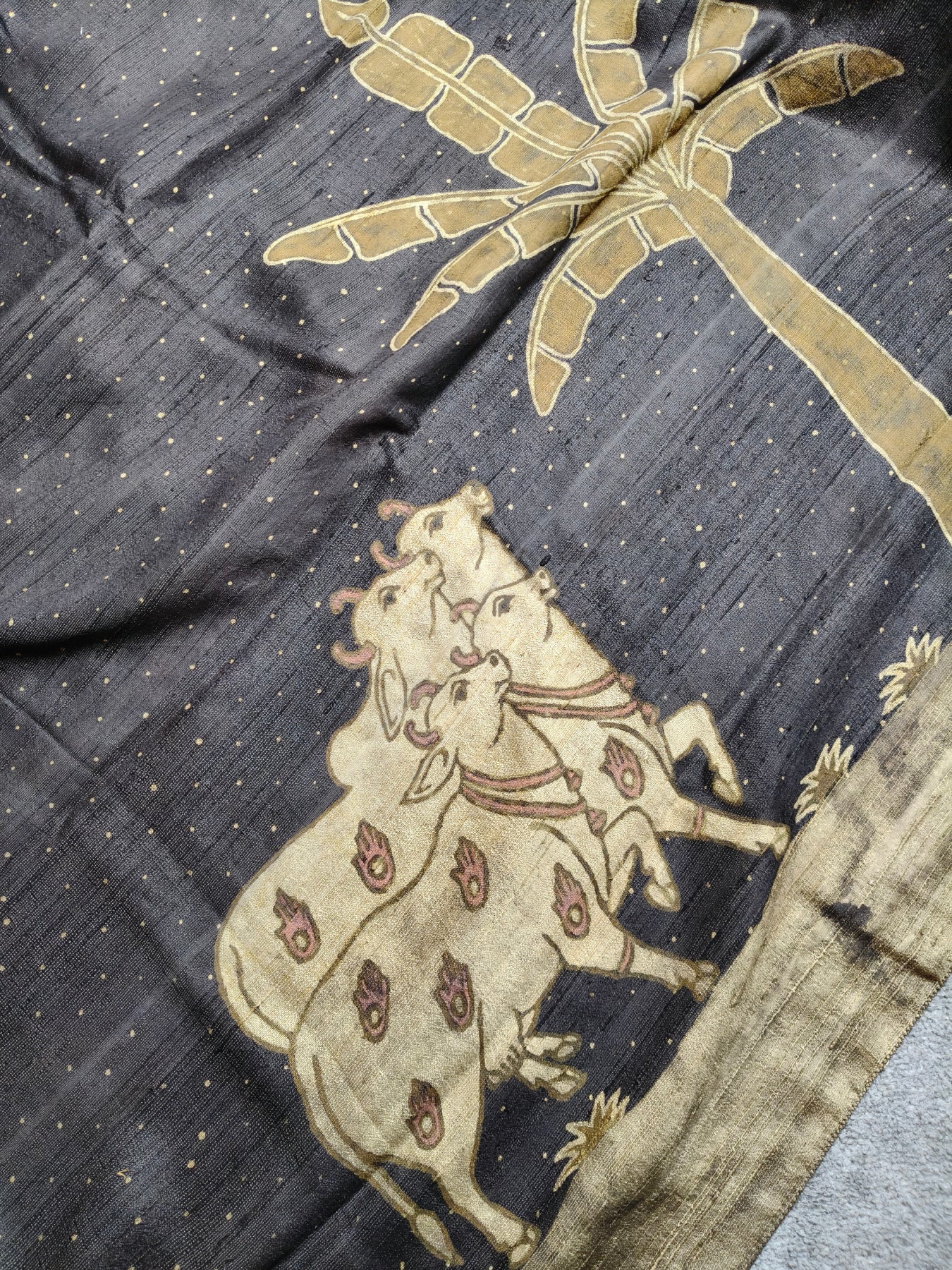 DARK BROWN DUPION SILK PURE HANDLOOM HANDBLOCK PRINT SAREE