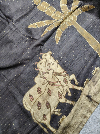 DARK BROWN DUPION SILK PURE HANDLOOM HANDBLOCK PRINT SAREE