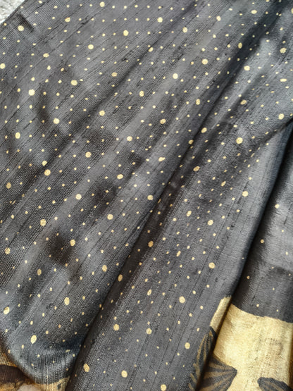DARK BROWN DUPION SILK PURE HANDLOOM HANDBLOCK PRINT SAREE