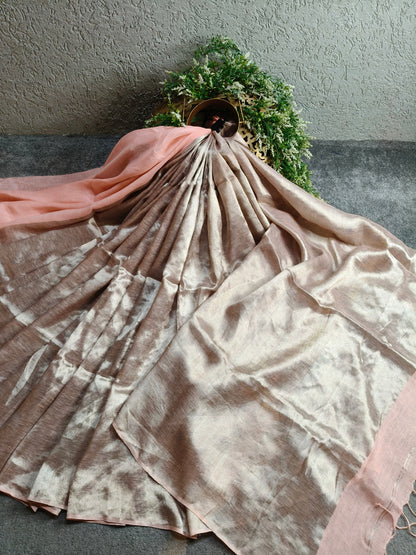 POWDER PINK TWILL TISSUE PURE HANDLOOM METALLIC SAREE