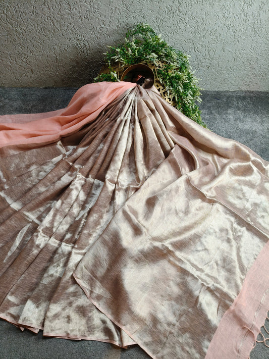 POWDER PINK TWILL TISSUE PURE HANDLOOM METALLIC SAREE