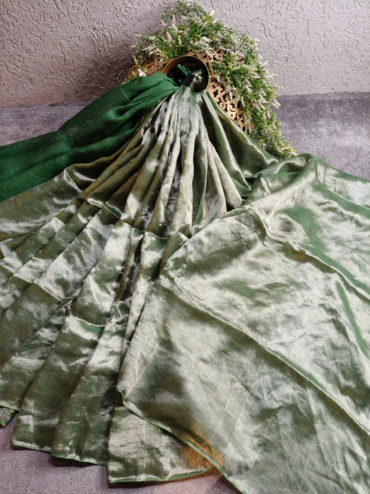 GREEN TWILL TISSUE PURE HANDLOOM METALLIC SAREE