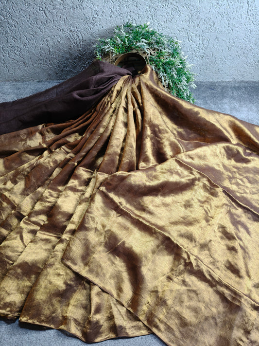 BROWN TWILL TISSUE PURE HANDLOOM METALLIC SAREE
