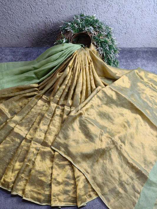 PISTA GREEN TWILL TISSUE PURE HANDLOOM METALLIC SAREE