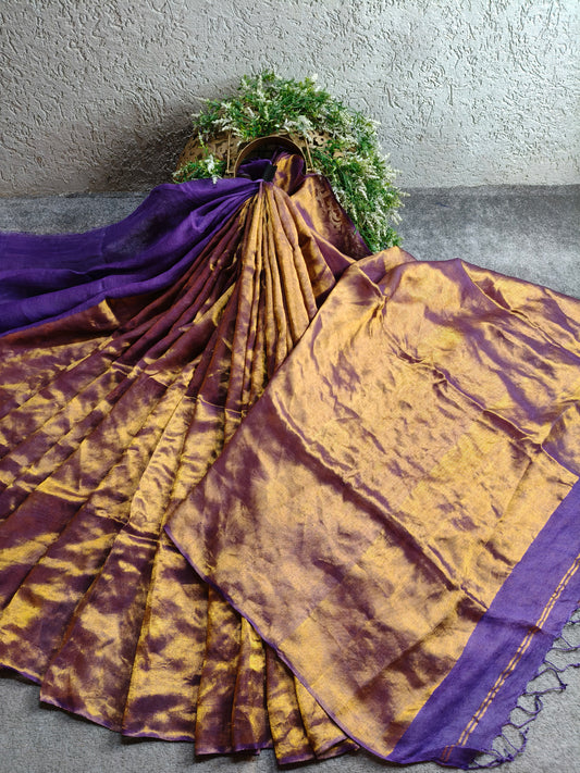 PURPLE TWILL TISSUE PURE HANDLOOM METALLIC SAREE