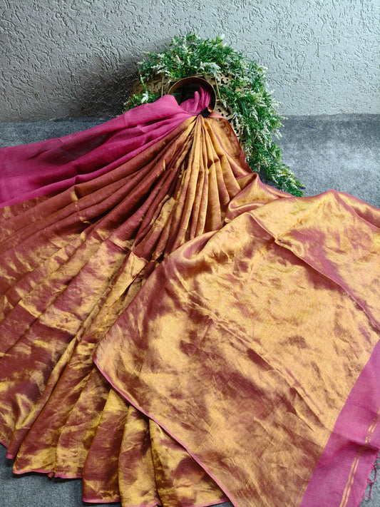 PINK TWILL TISSUE PURE HANDLOOM METALLIC SAREE