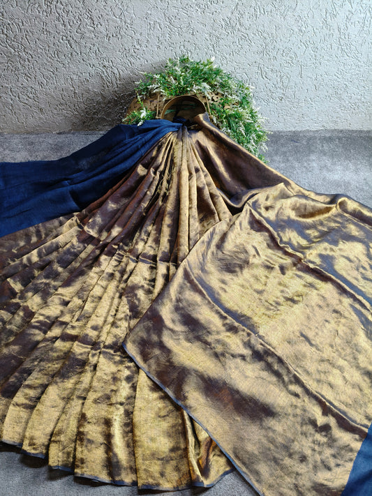 TEAL BLUE TWILL TISSUE PURE HANDLOOM METALLIC SAREE