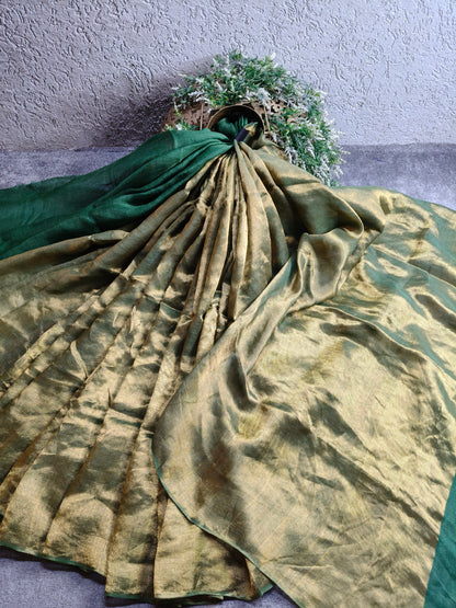 DARK GREEN TWILL TISSUE PURE HANDLOOM METALLIC SAREE