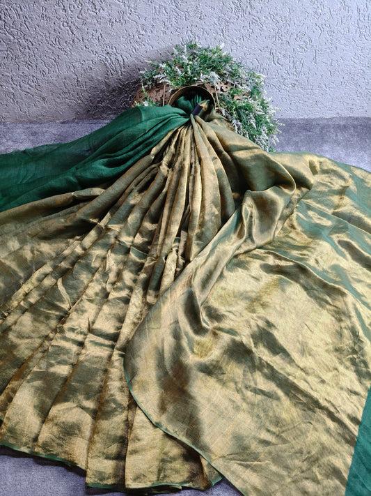 DARK GREEN TWILL TISSUE PURE HANDLOOM METALLIC SAREE