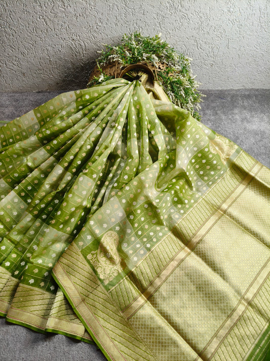 GREEN KORA COTTON REAL JARI  PURE HANDLOOM BANARASI SAREE
