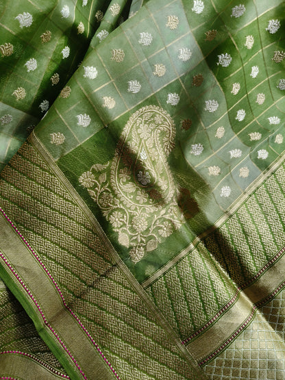 GREEN KORA COTTON REAL JARI  PURE HANDLOOM BANARASI SAREE
