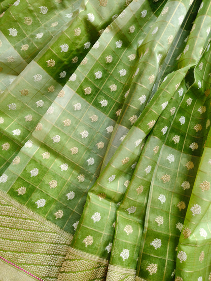 GREEN KORA COTTON REAL JARI  PURE HANDLOOM BANARASI SAREE