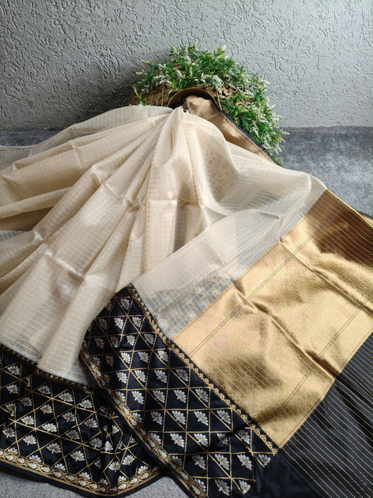 OFF WHITE KORA PURE HANDLOOM BANARASI SAREE