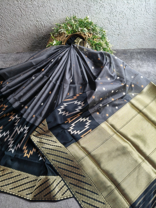 CHARCOAL GREY KORA PURE HANDLOOM BANARASI SAREE