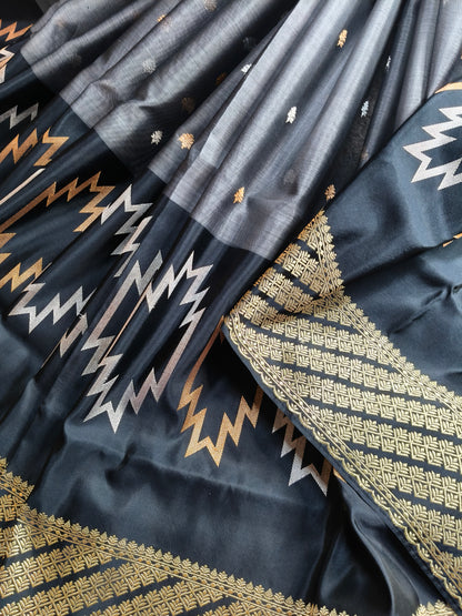 CHARCOAL GREY KORA PURE HANDLOOM BANARASI SAREE