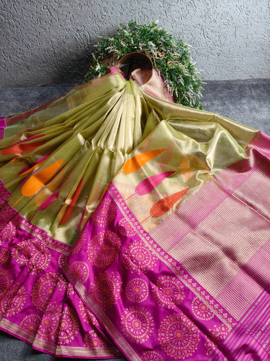 LIME GREEN KORA TISSUE PURE HANDLOOM BANARASI SAREE