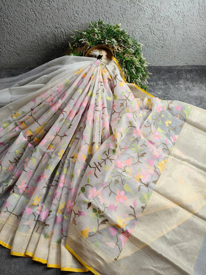 WHITE COTTON PURE HANDLOOM BANARASI SAREE