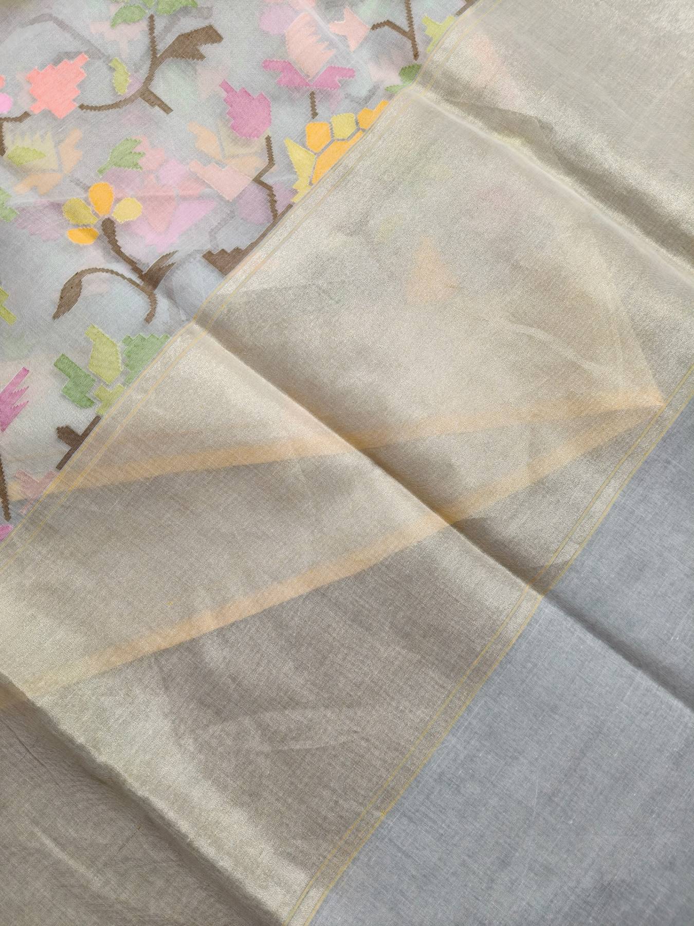 WHITE COTTON PURE HANDLOOM BANARASI SAREE