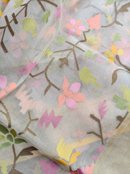 WHITE COTTON PURE HANDLOOM BANARASI SAREE