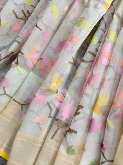 WHITE COTTON PURE HANDLOOM BANARASI SAREE