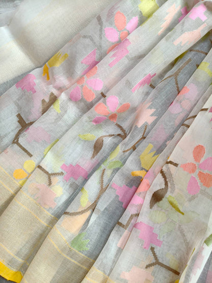 WHITE COTTON PURE HANDLOOM BANARASI SAREE