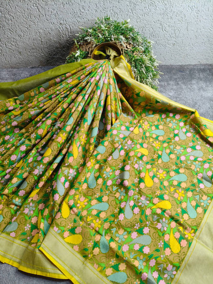 GREEN COTTON PURE HANDLOOM BANARASI SAREE