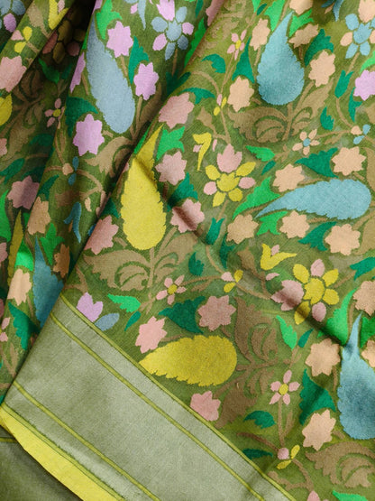 GREEN COTTON PURE HANDLOOM BANARASI SAREE