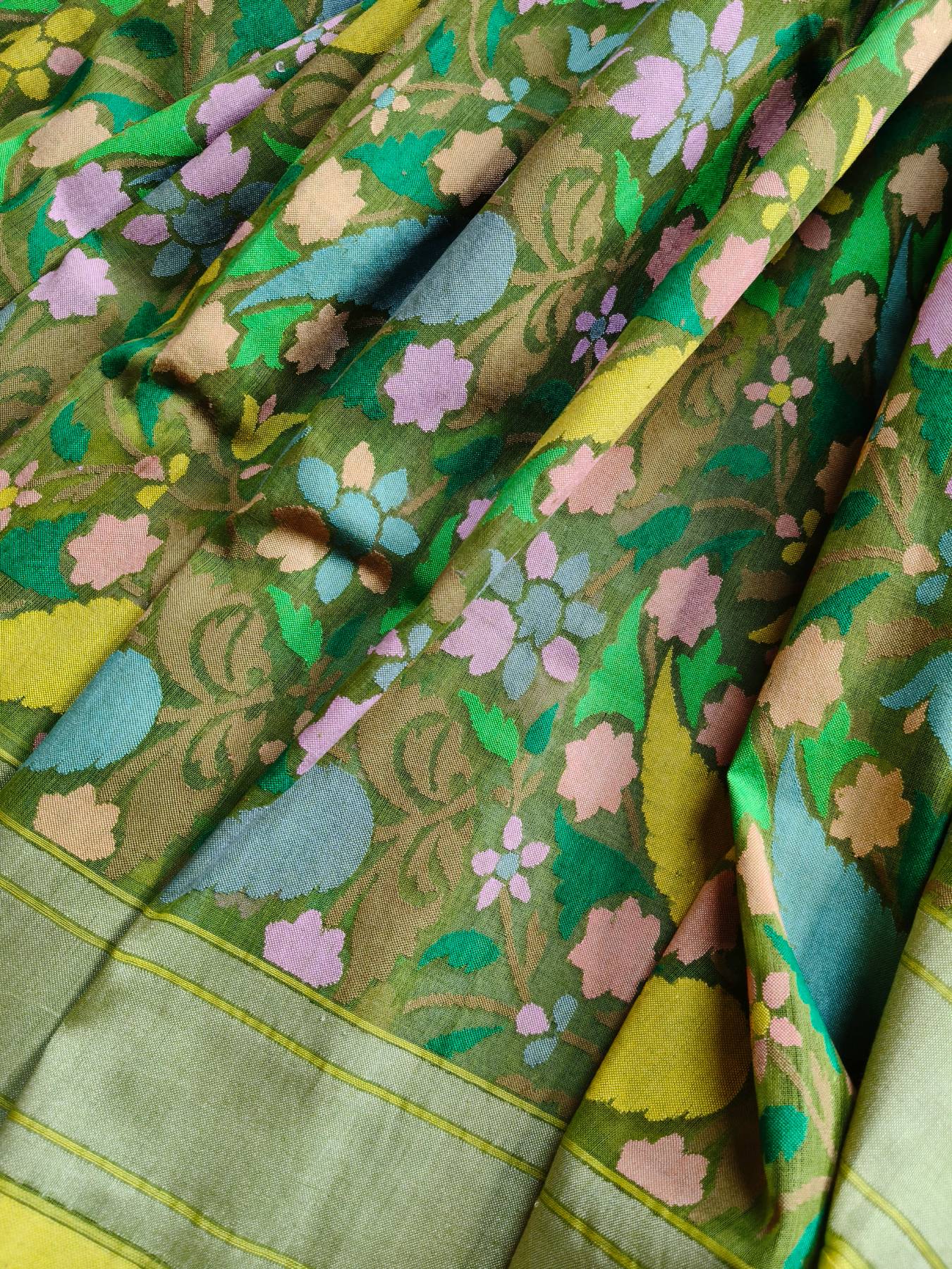 GREEN COTTON PURE HANDLOOM BANARASI SAREE