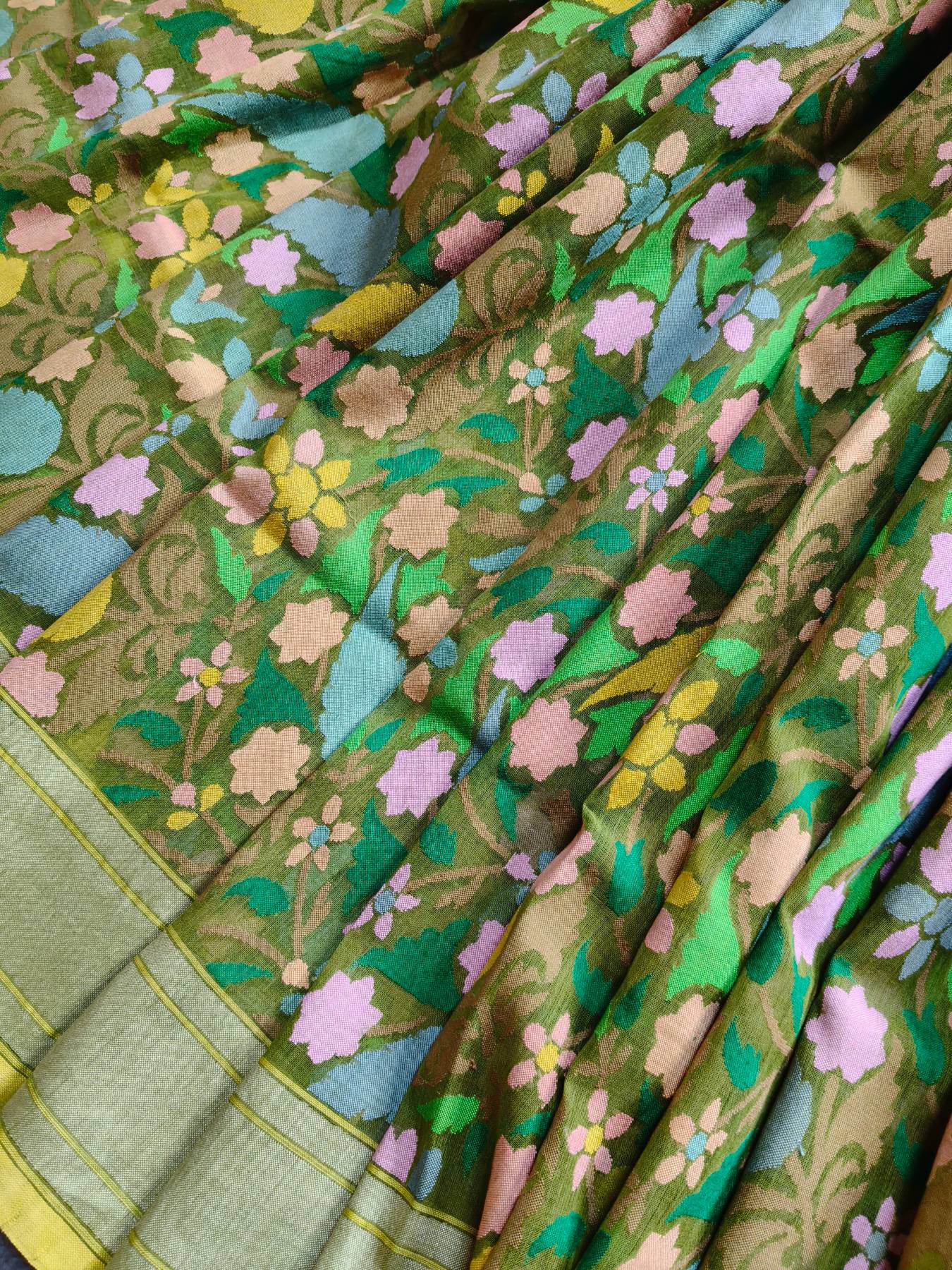 GREEN COTTON PURE HANDLOOM BANARASI SAREE