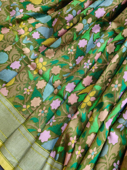 GREEN COTTON PURE HANDLOOM BANARASI SAREE
