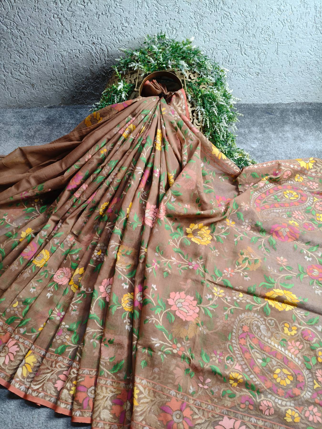 BROWN REAL JARI COTTON PURE HANDLOOM BANARASI SAREE