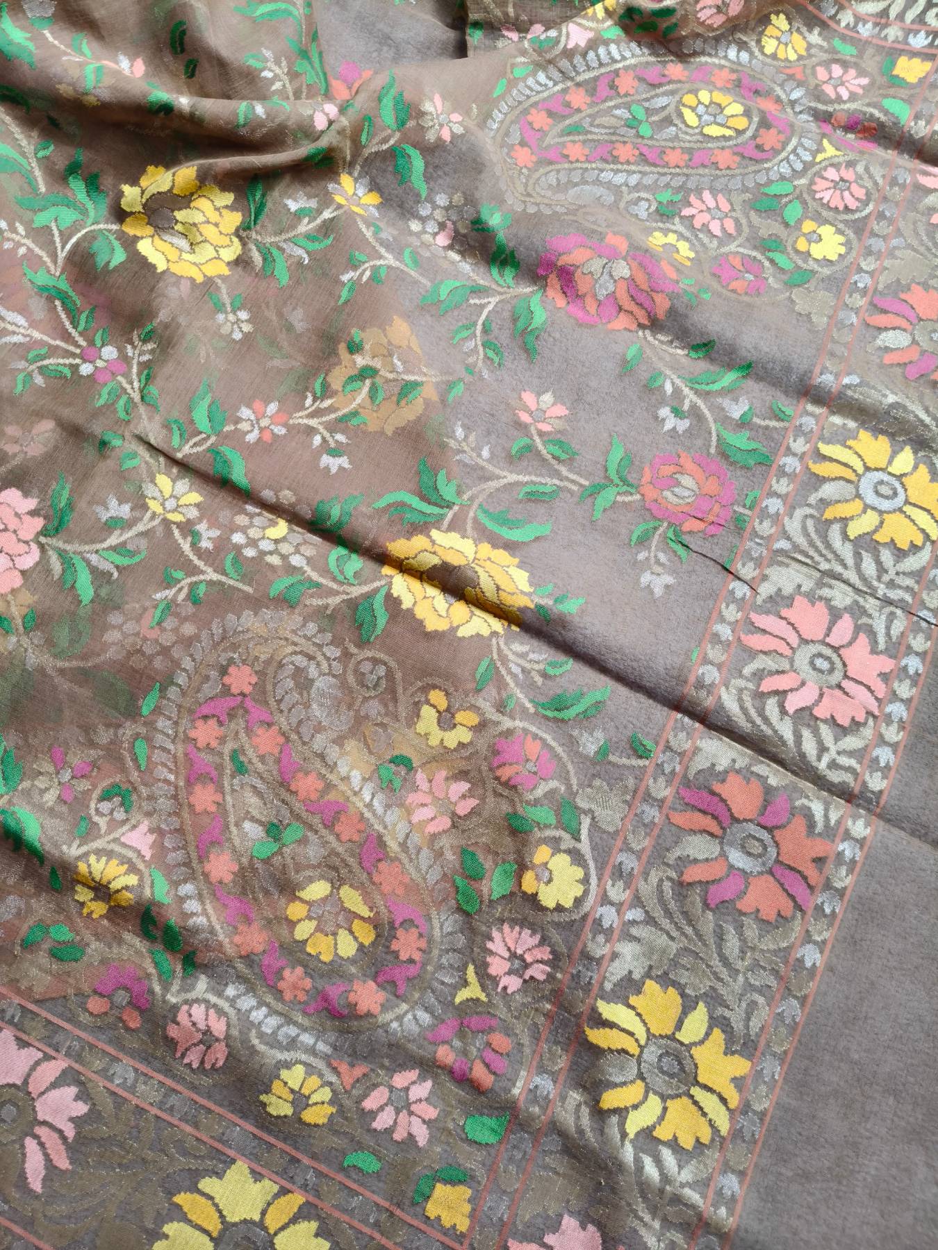 BROWN REAL JARI COTTON PURE HANDLOOM BANARASI SAREE