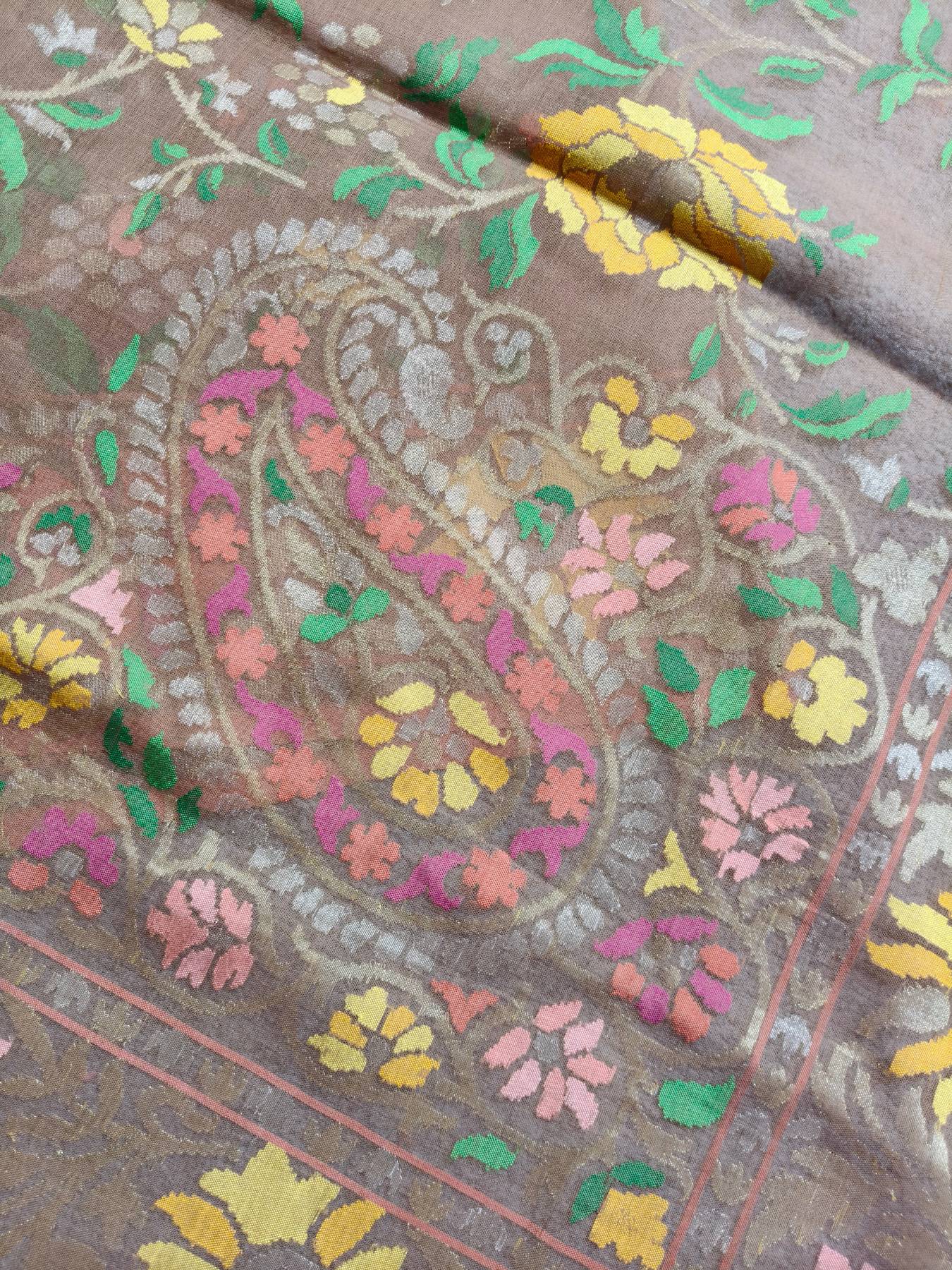 BROWN REAL JARI COTTON PURE HANDLOOM BANARASI SAREE