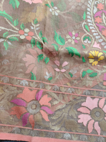 BROWN REAL JARI COTTON PURE HANDLOOM BANARASI SAREE